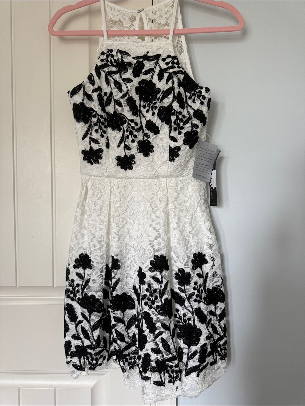 Nordstrom White Lace Mini Dress with Black Floral Appliqué